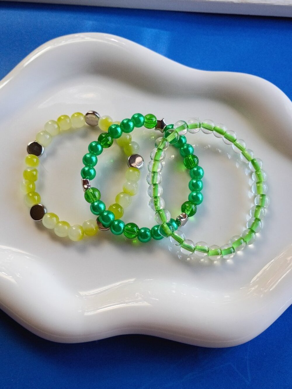 Green & Lime 3-Piece Kids Bracelet Stack, Handmade Beaded Bracelets, 5 inches